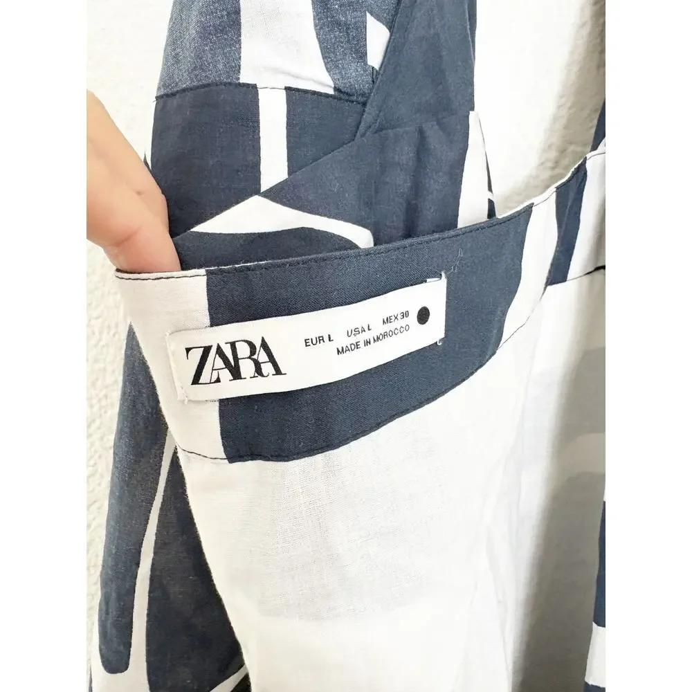 Zara The Nicole Printed Halter Wrap Navy/White Midi Dress Size Large Open Back - Picture 5 of 12